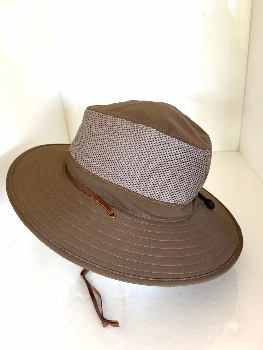 Solar Escape Women's Wide-Brim Ventilated Outdoor Hat in kaki with Leather Tie.
